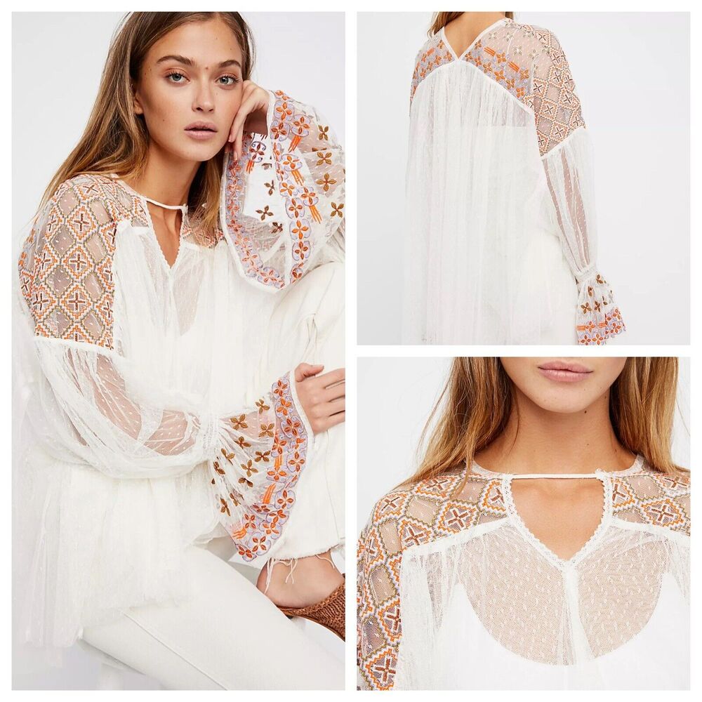 Free People Joyride Sheer Tulle Embroidery Oversized Top Long Sleeve Sz S Ivory